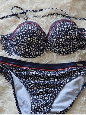 VENUS Navy Geo Print Bikini Set with Coral Trim